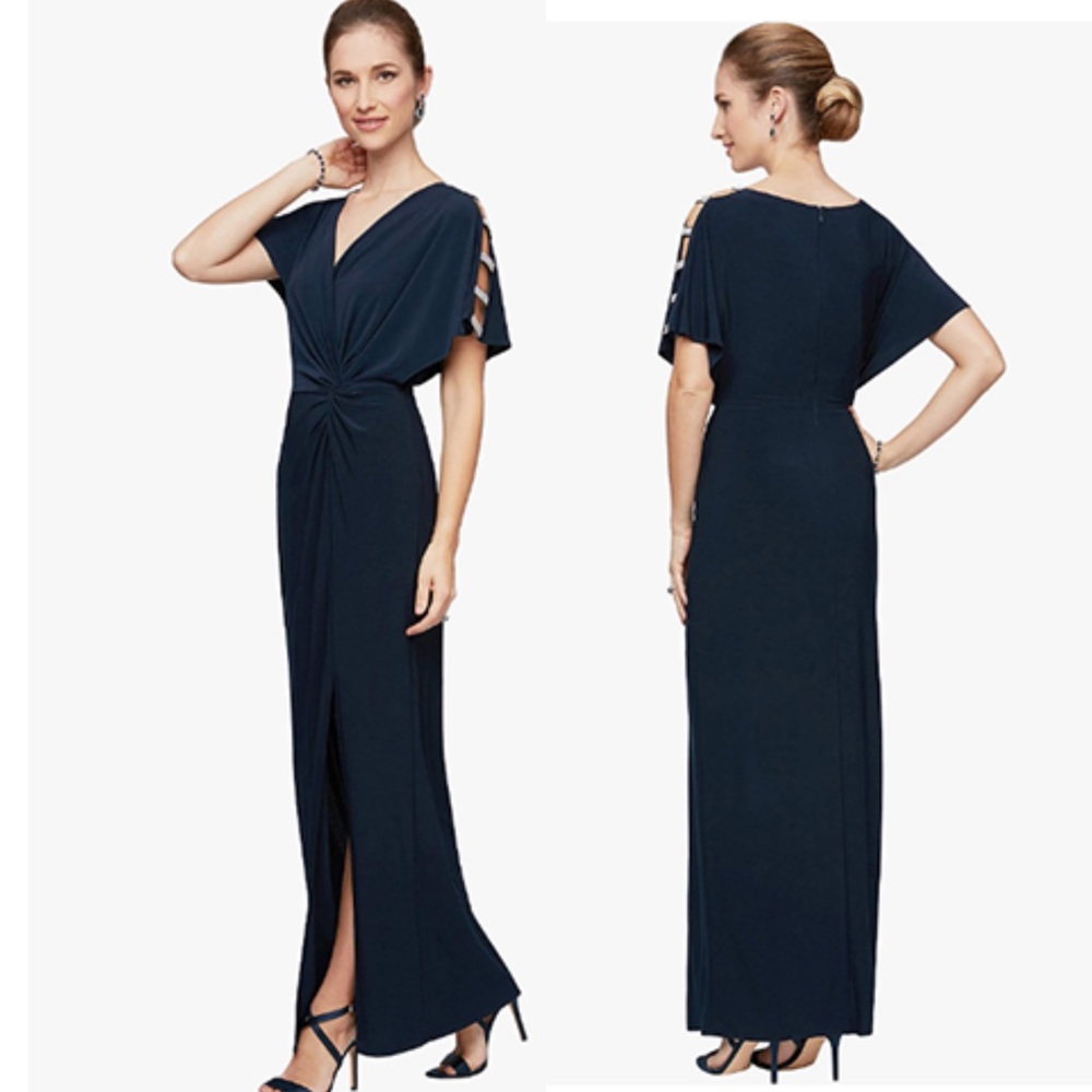 Alex Evenings Women's Long Knot Front Dress with Embellished Short Sleeve 12